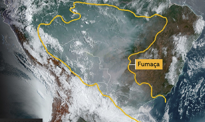 As imagens de satélite que mostram avanço de fumaça de queimadas no Brasil